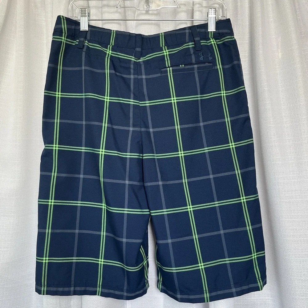 Under Armour Boys Navy Green Striped Loose Heat Gear Shorts Size YXL Waist 31